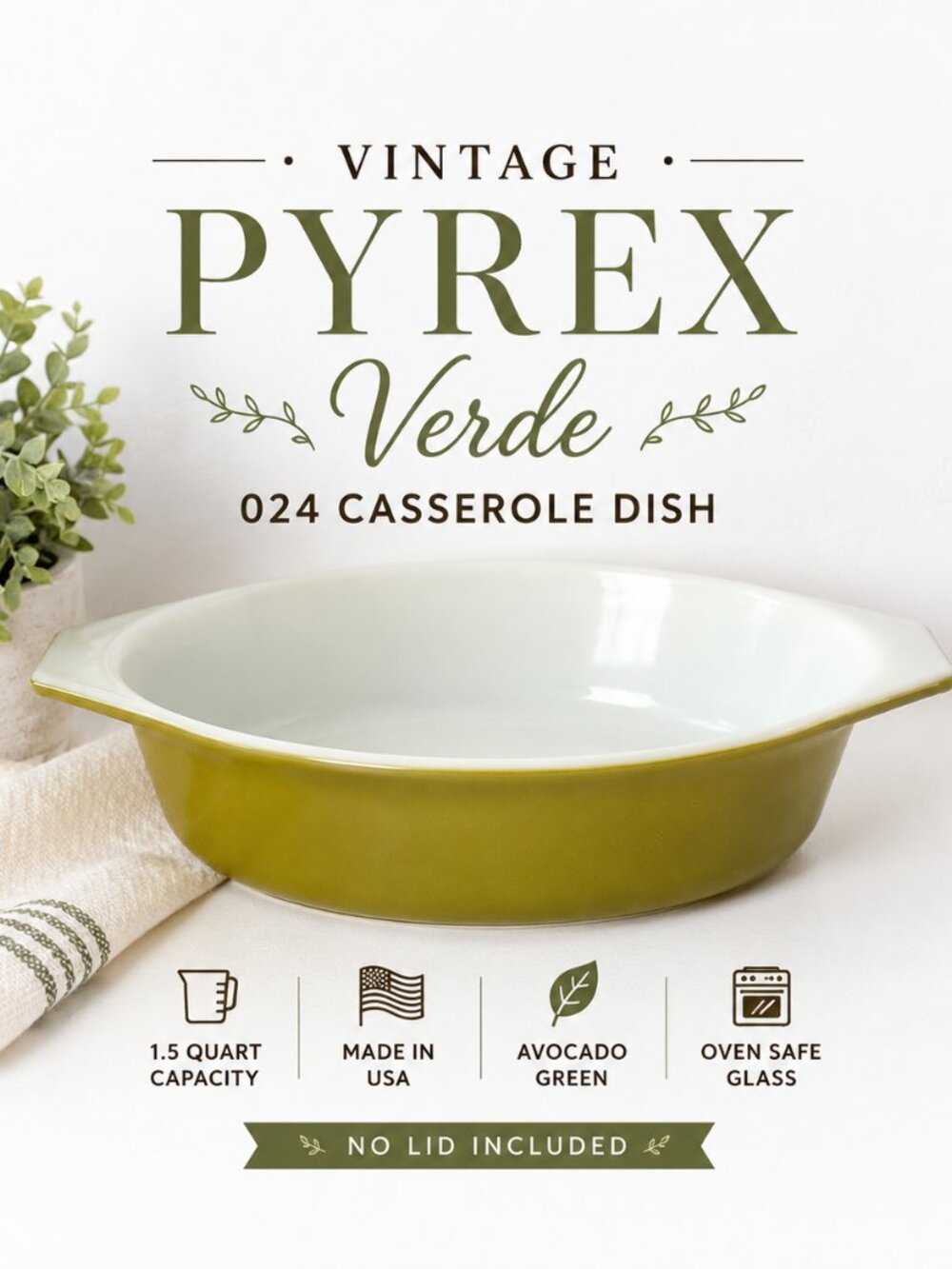Vintage Pyrex 024 Verde Avocado Green 1.5 Qt Oval Casserole Dish USA